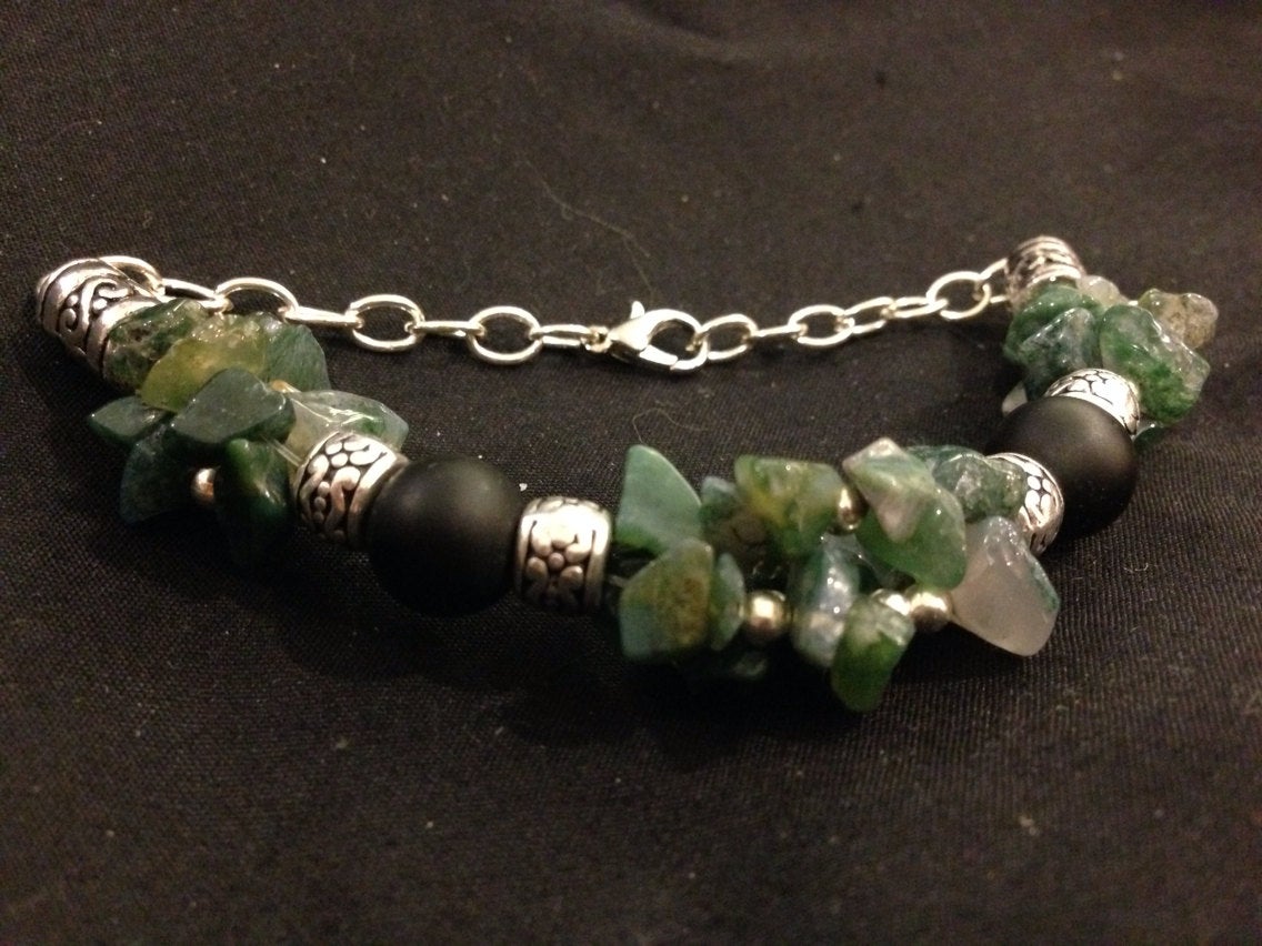 Women's bracelet in black onyx and moss agate (B157), stone jewelry, prosperity, good luck amulet, meditation bracelet