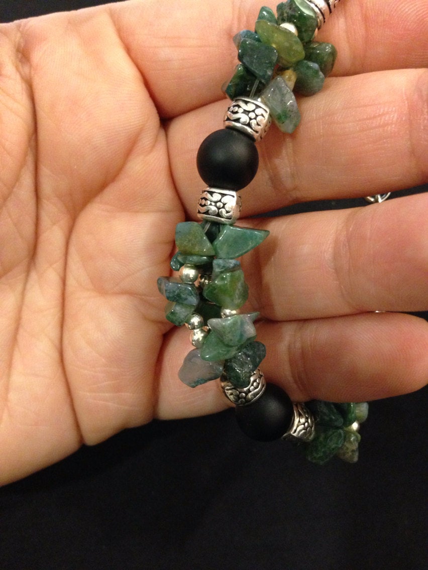 Women's bracelet in black onyx and moss agate (B157), stone jewelry, prosperity, good luck amulet, meditation bracelet