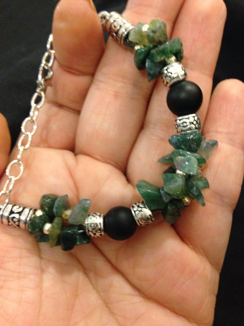Women's bracelet in black onyx and moss agate (B157), stone jewelry, prosperity, good luck amulet, meditation bracelet