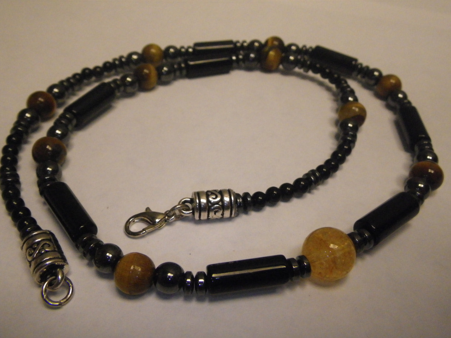 Men's necklace - Black Onyx, Hematite, Citrine & Tiger's Eye, protection jewelry, stone jewelry, natural stone necklace