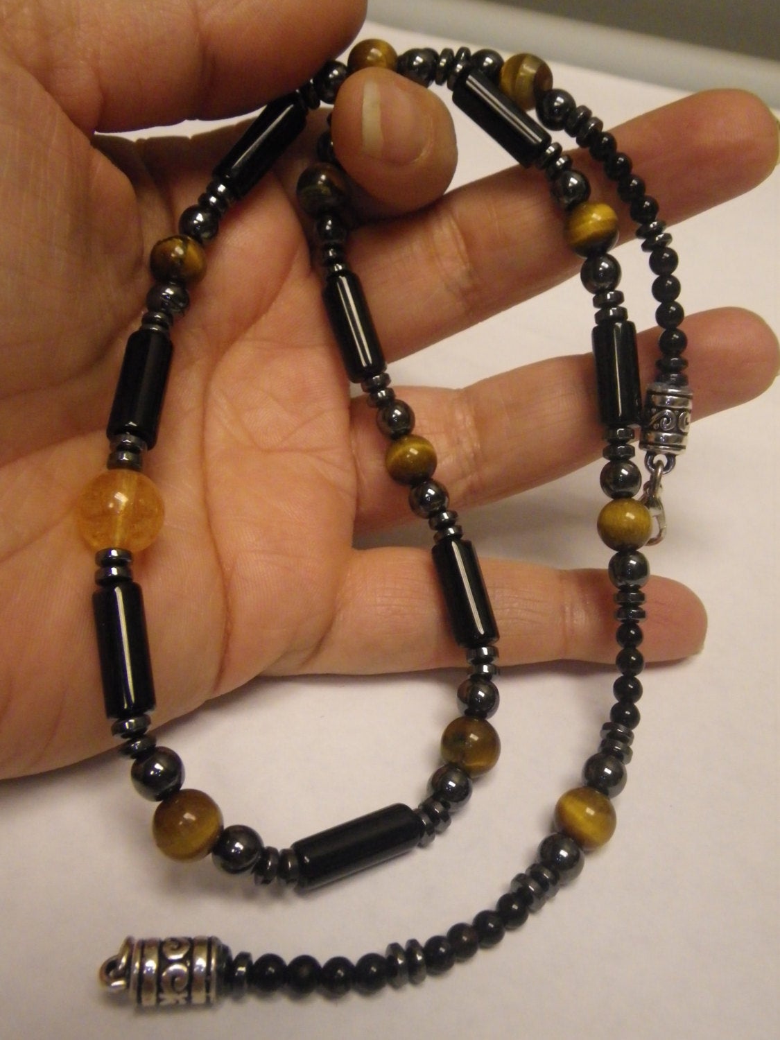Men's necklace featuring Black Onyx, Hematite, Citrine, and Tiger's Eye natural stones for protection jewelry