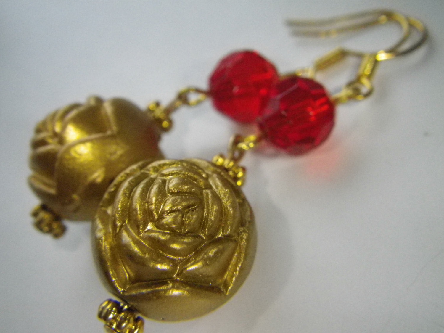 Womens Earrings gold rose and red Czech glass beads, gift for her, classic, fashion jewelry