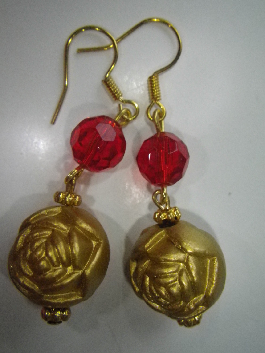 Womens Earrings gold rose and red Czech glass beads, gift for her, classic, fashion jewelry