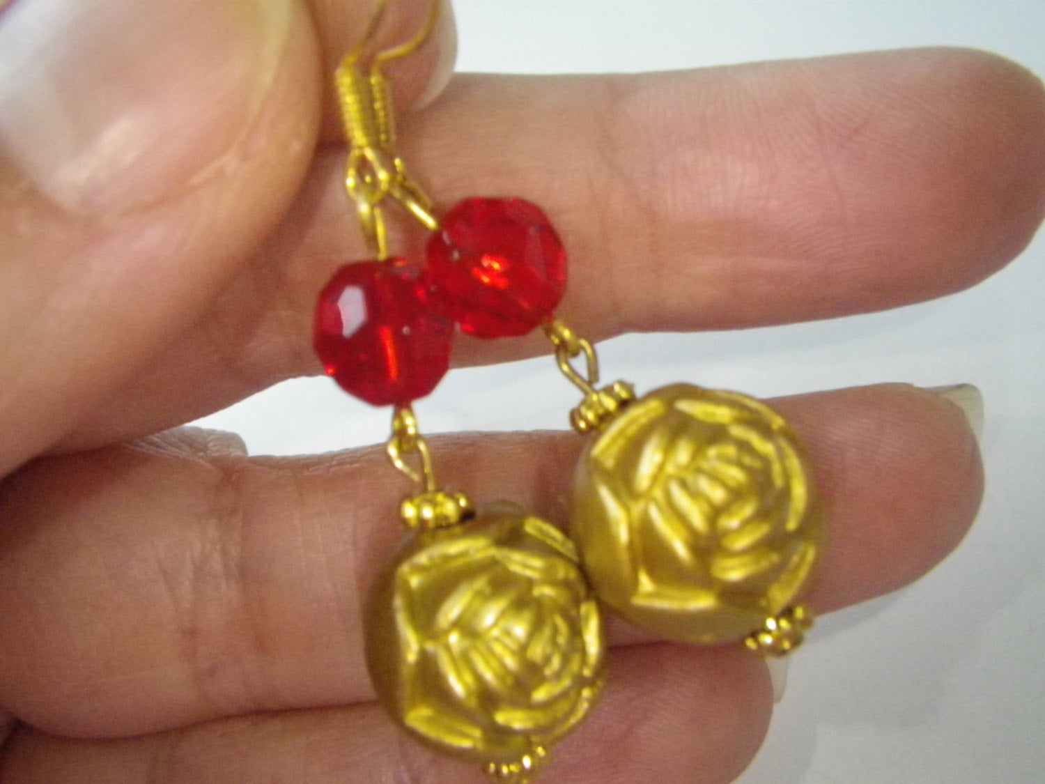 Womens Earrings gold rose and red Czech glass beads, gift for her, classic, fashion jewelry
