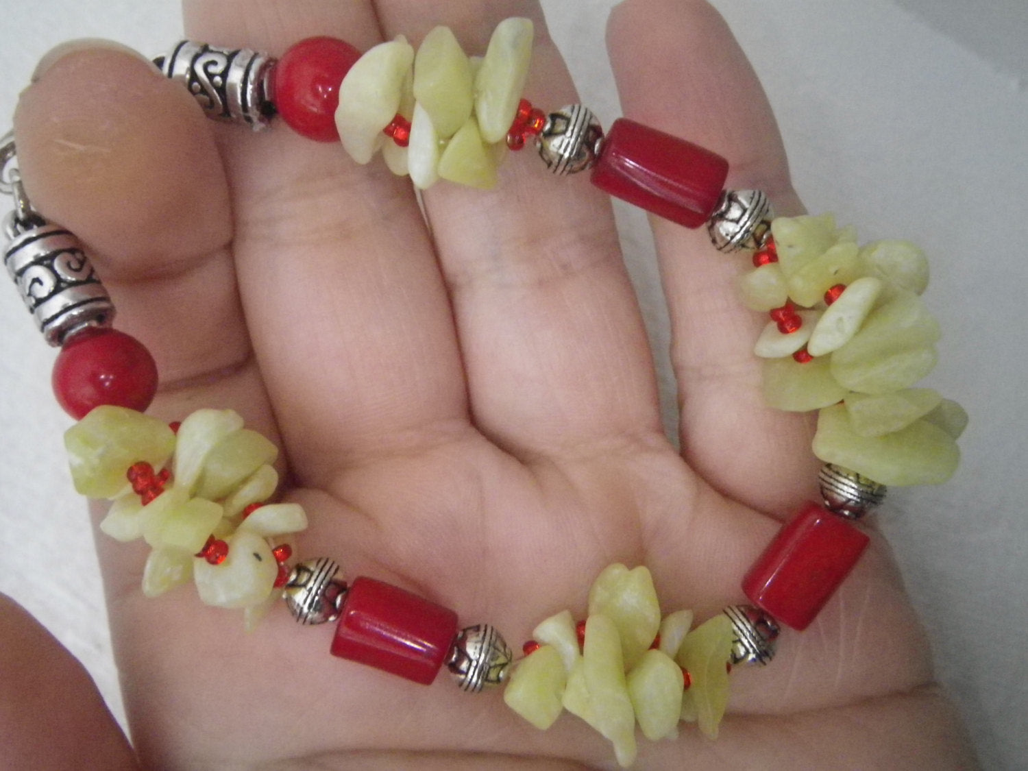 JADE and CORAL Ladies bracelet made w/ Red Coral and Bowenite New Jade, stone bracelet, stone jewelry