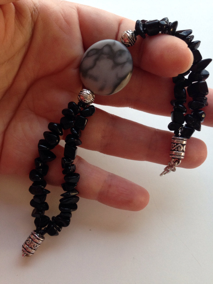 Ladies bracelet (B085) in black onyx and canyon gray marble, stone jewelry, stone bracelet