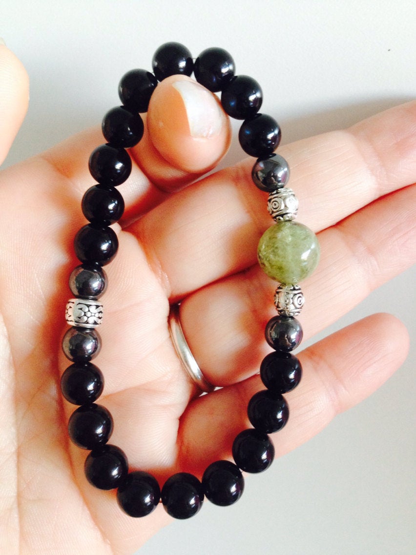 Men's bracelet (B181) grossular garnet, black onyx and hematite, stone bracelet, stone jewelry