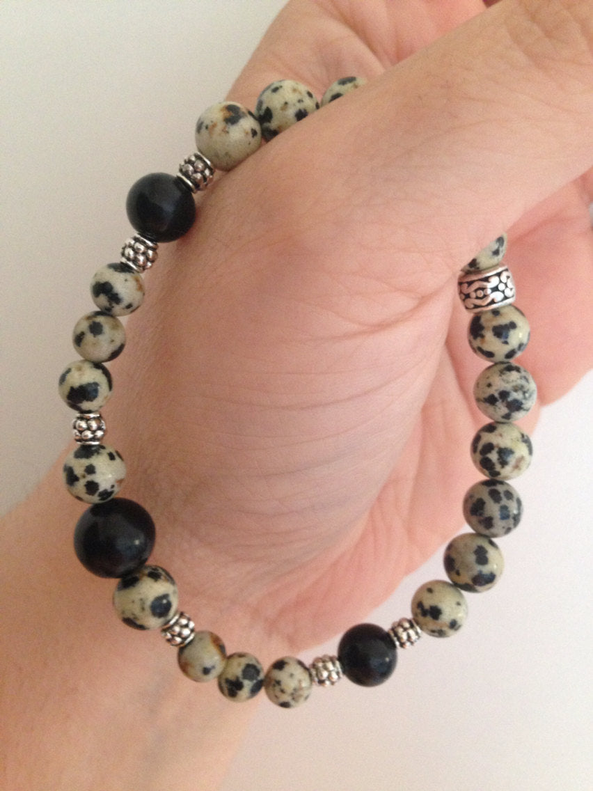 Men's bracelet in Dalmatian jasper and Jet, stone bracelet, stone jewelry, mala bracelet