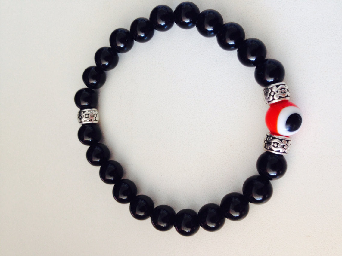 Men's bracelet - red evil eye bead with black onyx, Unisex, stone bracelet, stone jewelry
