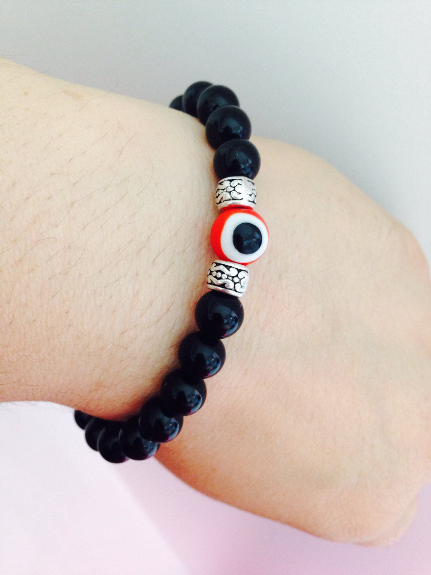Men's bracelet - red evil eye bead with black onyx, Unisex, stone bracelet, stone jewelry