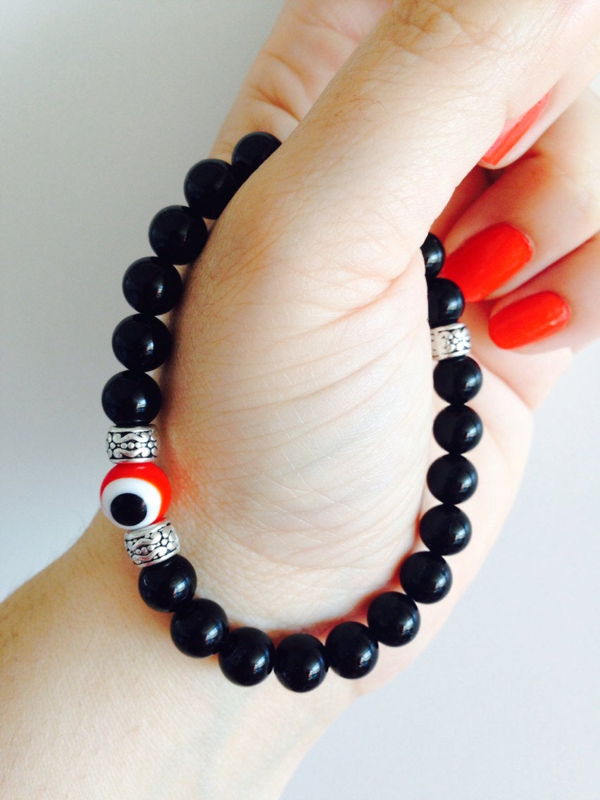 Men's bracelet - red evil eye bead with black onyx, Unisex, stone bracelet, stone jewelry