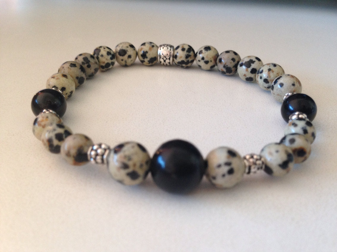 Men's bracelet in Dalmatian jasper and Jet, stone bracelet, stone jewelry, mala bracelet