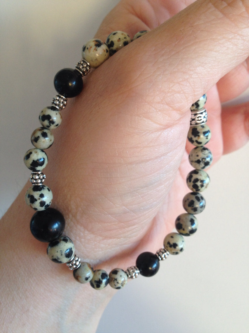 Men's bracelet in Dalmatian jasper and Jet, stone bracelet, stone jewelry, mala bracelet