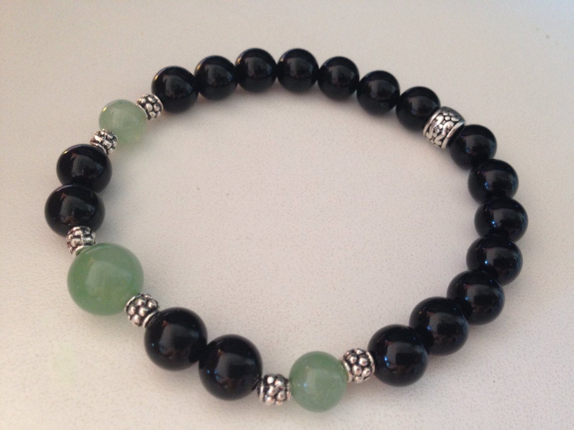 Handmade bracelet - black onyx and green aventurine bracelet, mens mala bracelet, stone bracelet, stone jewelry, yoga gift