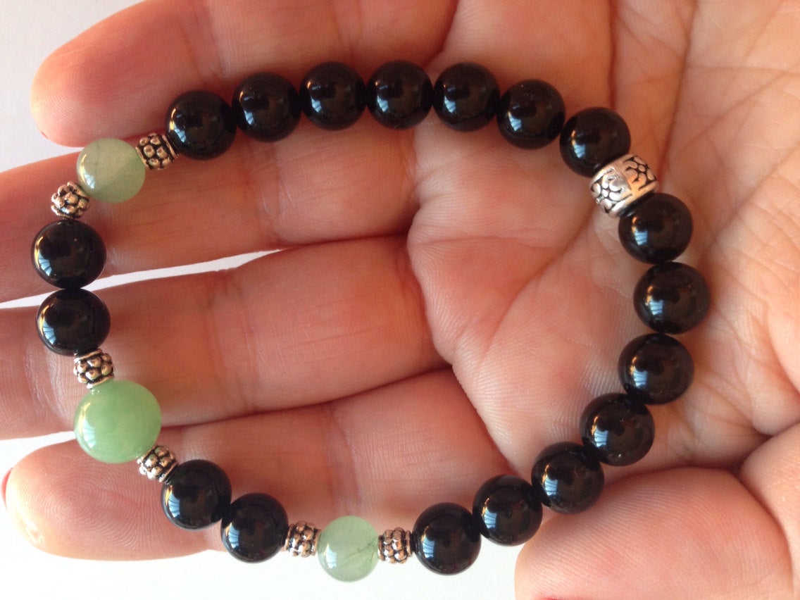 Handmade bracelet - black onyx and green aventurine bracelet, mens mala bracelet, stone bracelet, stone jewelry, yoga gift