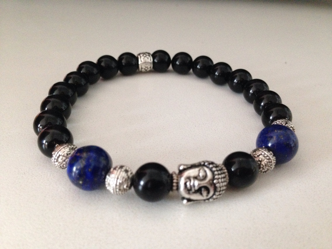 Buddha Bracelet with black onyx beads, lapis lazuli, and silver Buddha charm