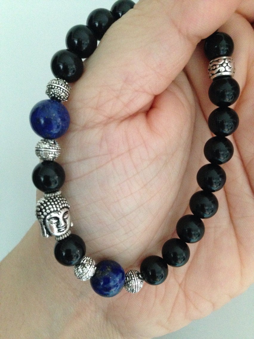 Buddha Bracelet with lapis lazuli and black onyx (B011)