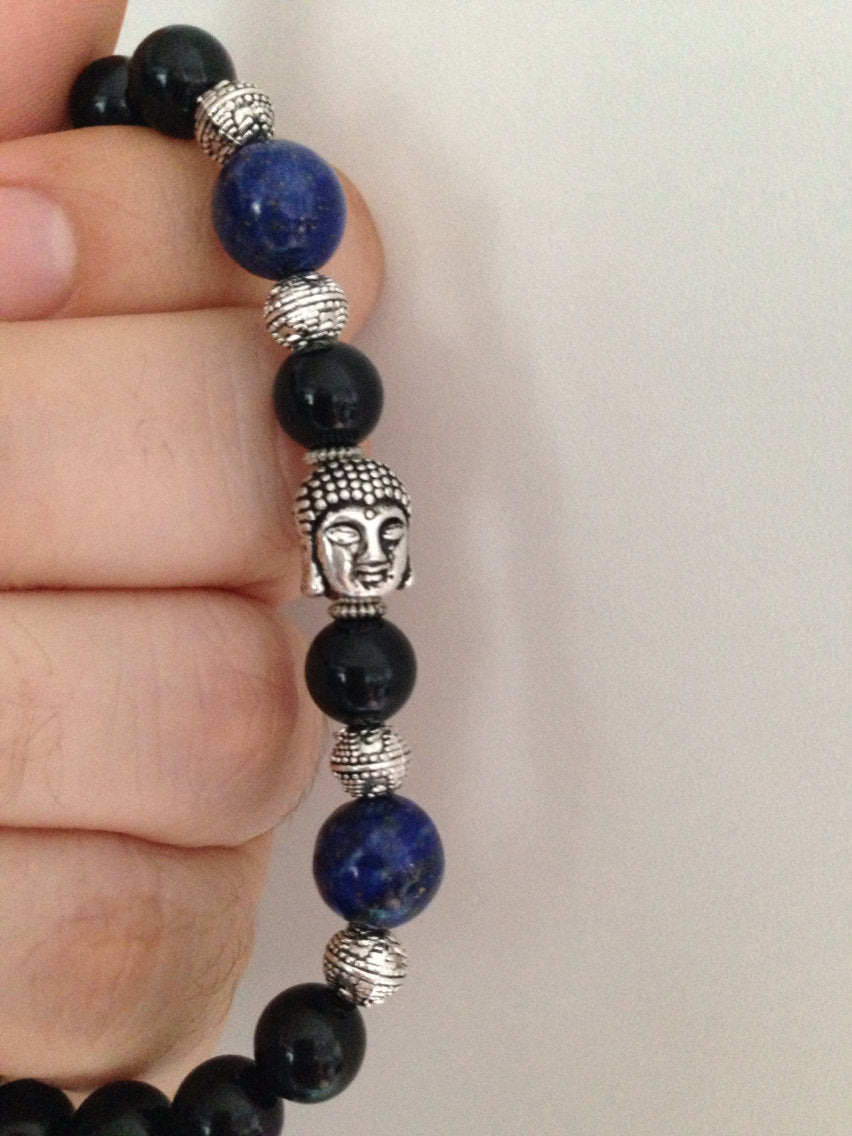 Buddha Bracelet with lapis lazuli and black onyx (B011)