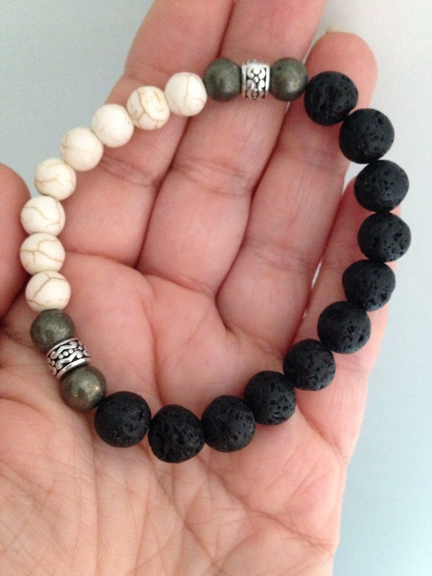 Men's bracelet  BLACK LAVA stones, pyrite & white Howlite, grounding, best selling bracelet, best seller, top seller