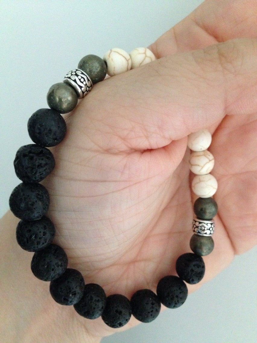 Men's bracelet  BLACK LAVA stones, pyrite & white Howlite, grounding, best selling bracelet, best seller, top seller