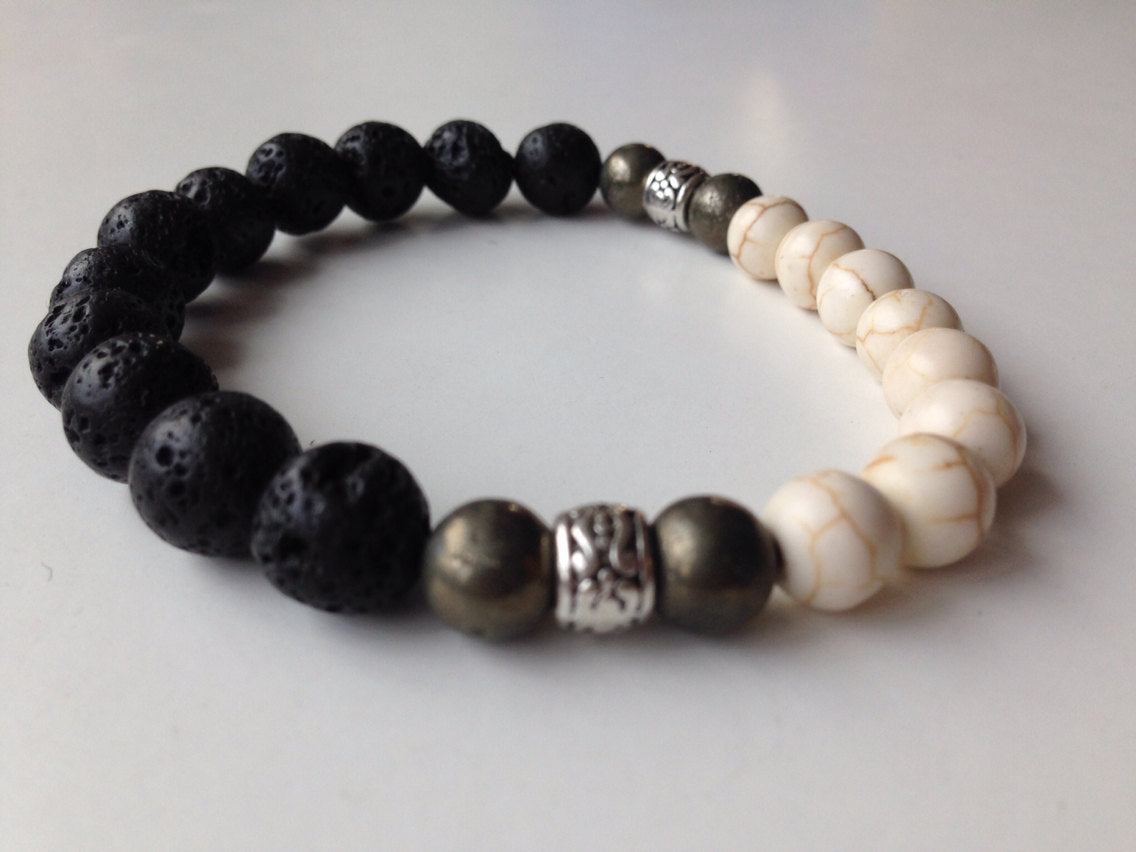 Men's bracelet  BLACK LAVA stones, pyrite & white Howlite, grounding, best selling bracelet, best seller, top seller