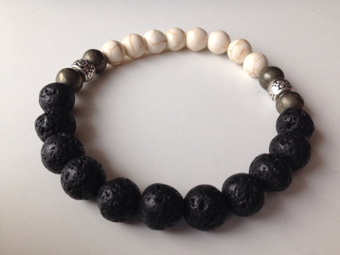 Men's bracelet  BLACK LAVA stones, pyrite & white Howlite, grounding, best selling bracelet, best seller, top seller
