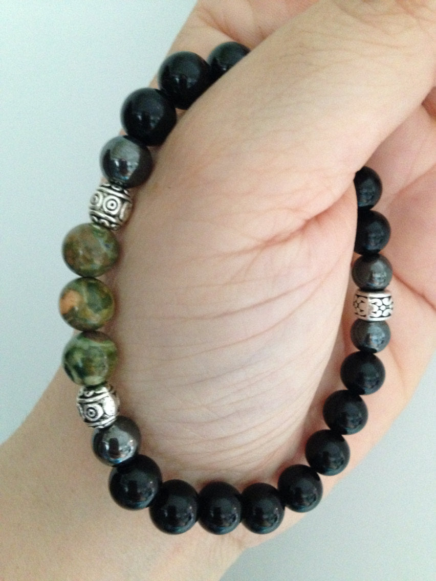 Men's bracelet (B137) with black onyx, hematite and rhyolite, stone bracelet, stone jewelry, gift for him, healing stone bracelet