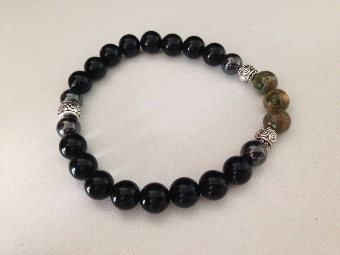 Men's bracelet (B137) with black onyx, hematite and rhyolite, stone bracelet, stone jewelry, gift for him, healing stone bracelet