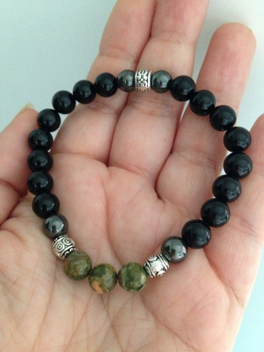 Men's bracelet (B137) with black onyx, hematite and rhyolite, stone bracelet, stone jewelry, gift for him, healing stone bracelet