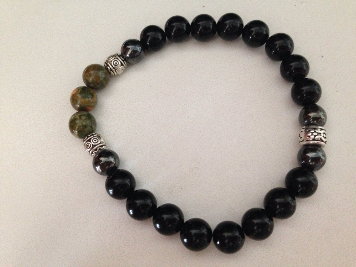 Men's bracelet (B137) with black onyx, hematite and rhyolite, stone bracelet, stone jewelry, gift for him, healing stone bracelet