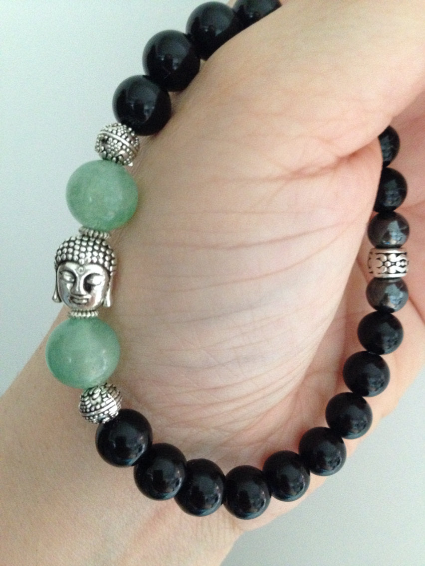 Men's bracelet (B082) serene Buddha with green aventurine, hematite and black onyx, zen jewelry, stone bracelet, meditation stones