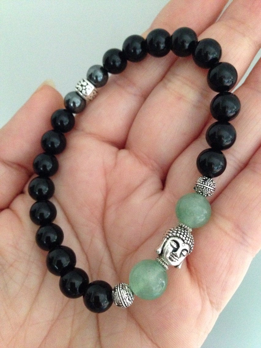 Men's bracelet (B082) serene Buddha with green aventurine, hematite and black onyx, zen jewelry, stone bracelet, meditation stones
