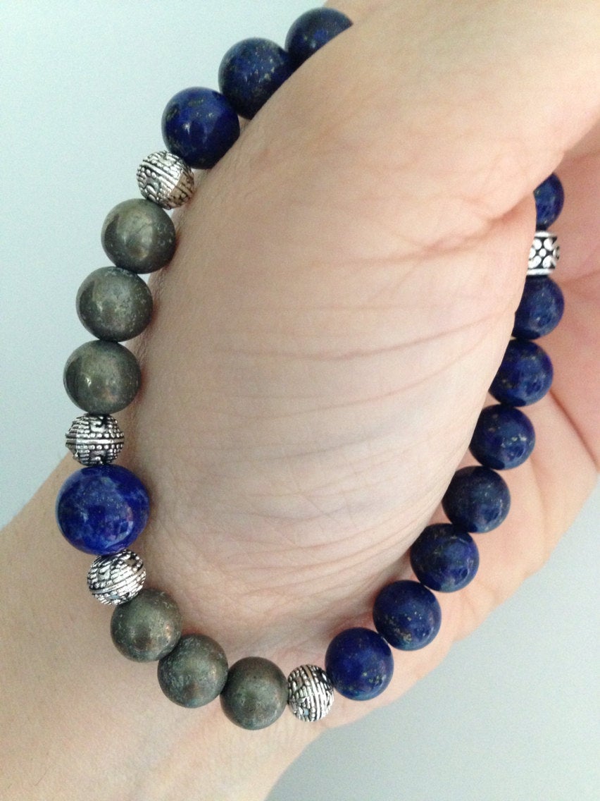 Men's bracelet in lapis lazuli and pyrite, stone bracelet, stone jewelry, gift for him, mala bracelet, meditation bracelet