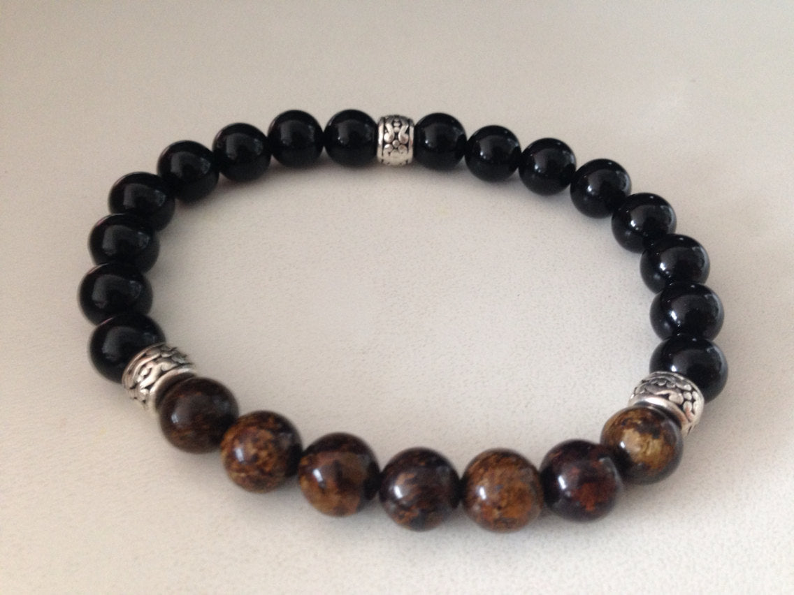 Men's bracelet in black onyx and bronzite with silver accents and gemstone beads