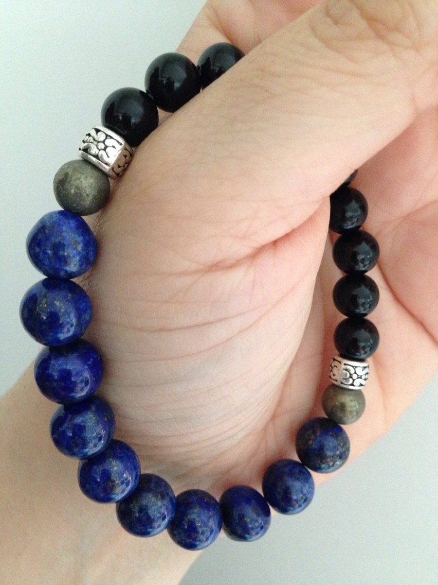 Men's bracelet in lapis lazuli, black onyx and pyrite, protection amulet, stone bracelet, natural stone jewelry