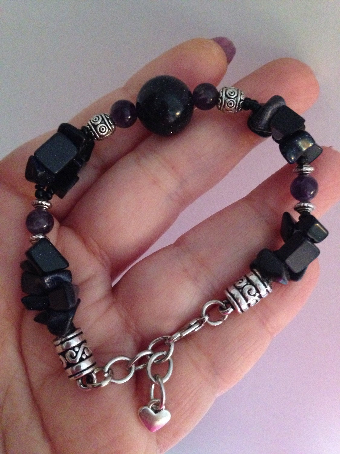 Women's bracelet in Blue Goldstone and Amethyst (B107) with a heart charm, stone bracelet, stone jewelry
