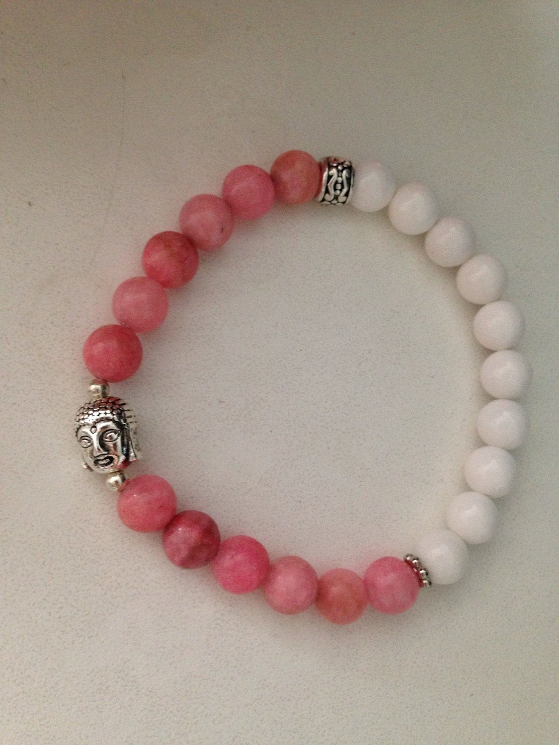 LADIES BRACELET (B037) Buddha ladies bracelet in rhodochrosite and white dolomite, stone bracelet, mala bracelet