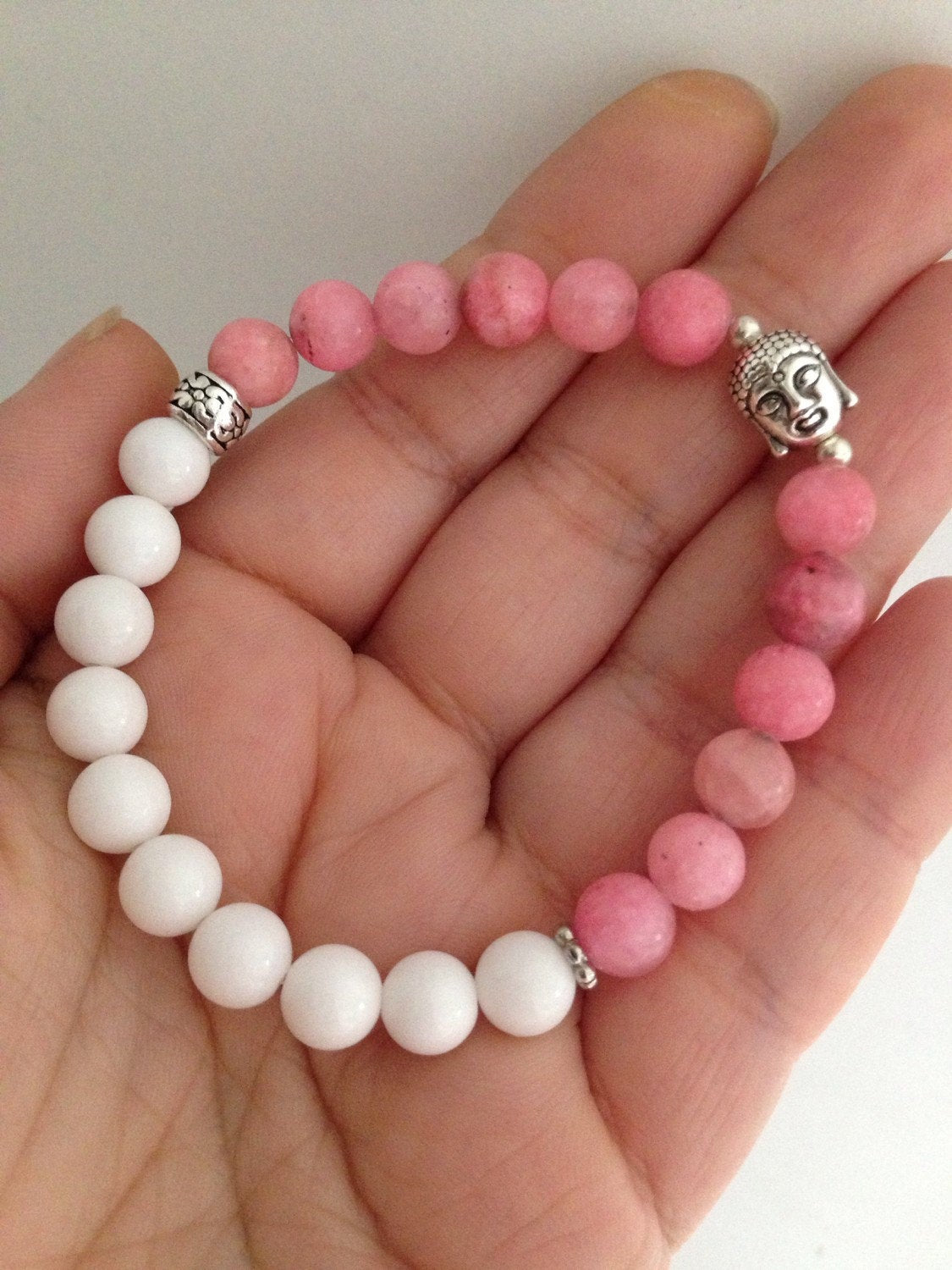 LADIES BRACELET (B037) Buddha ladies bracelet in rhodochrosite and white dolomite, stone bracelet, mala bracelet