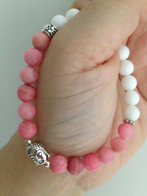 LADIES BRACELET (B037) Buddha ladies bracelet in rhodochrosite and white dolomite, stone bracelet, mala bracelet