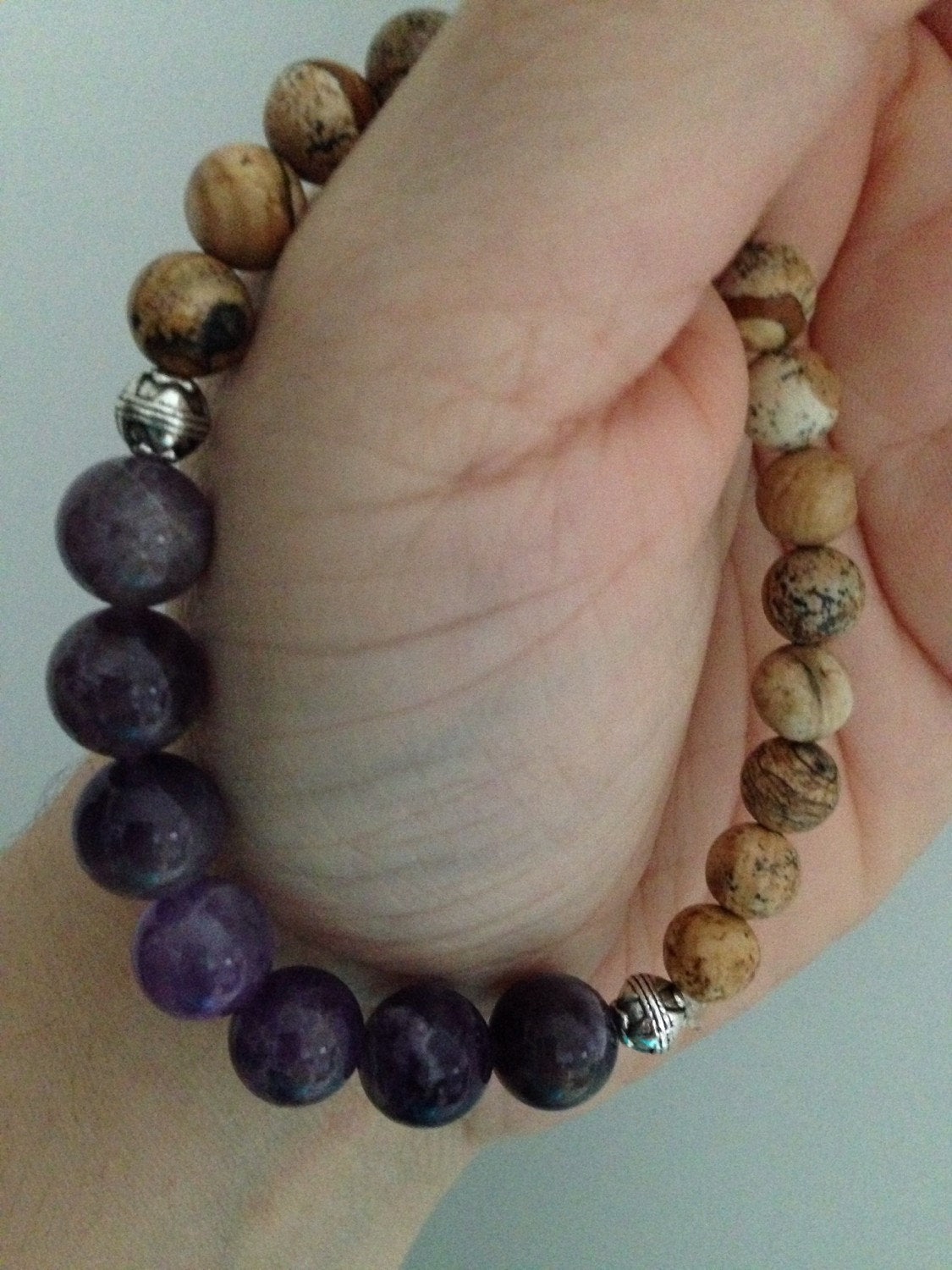 Women's Bracelet in Amethyst and Picture Jasper stone bracelet, February birthstone, stone jewelry