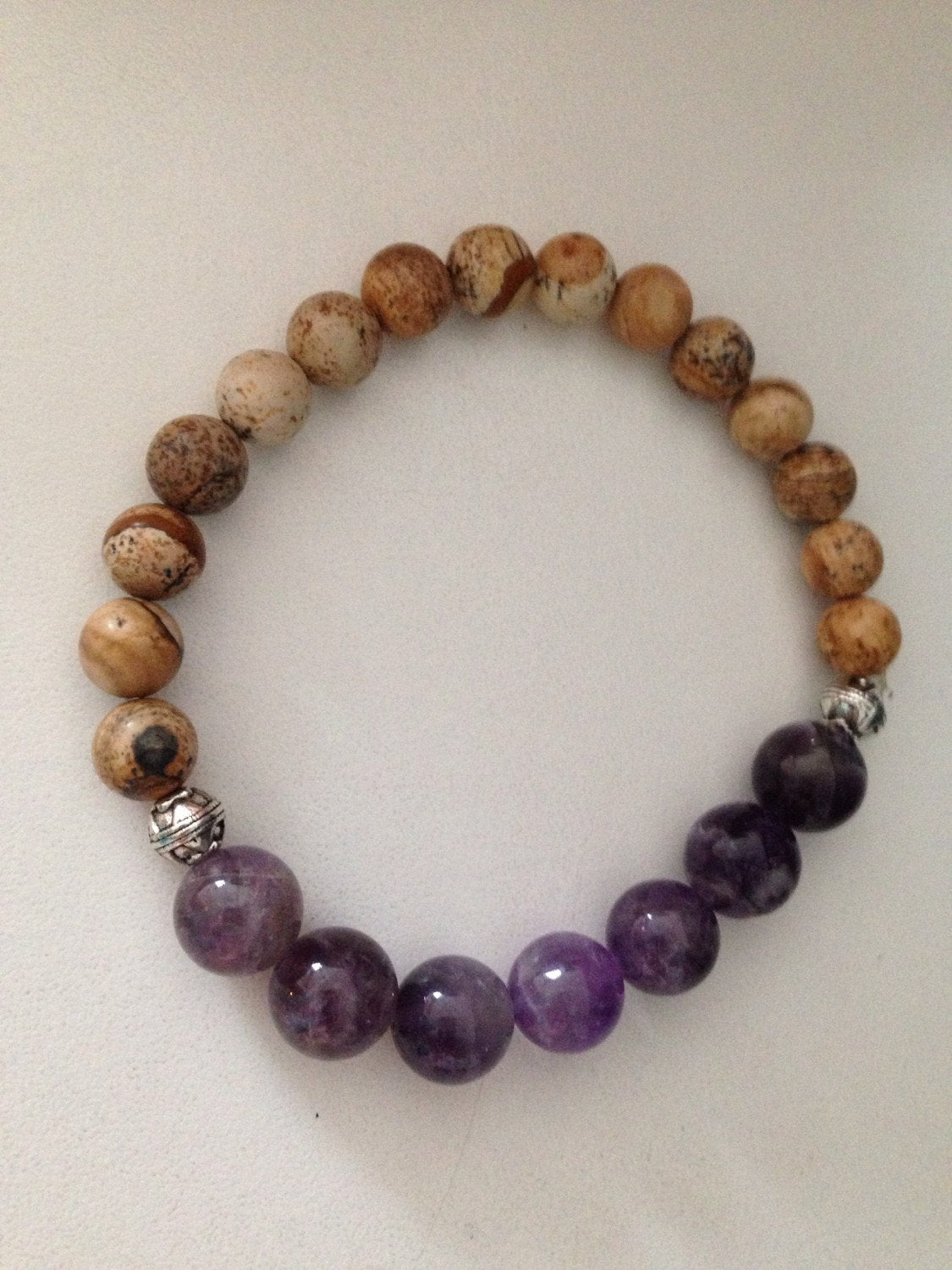 Women's Bracelet in Amethyst and Picture Jasper stone bracelet, February birthstone, stone jewelry