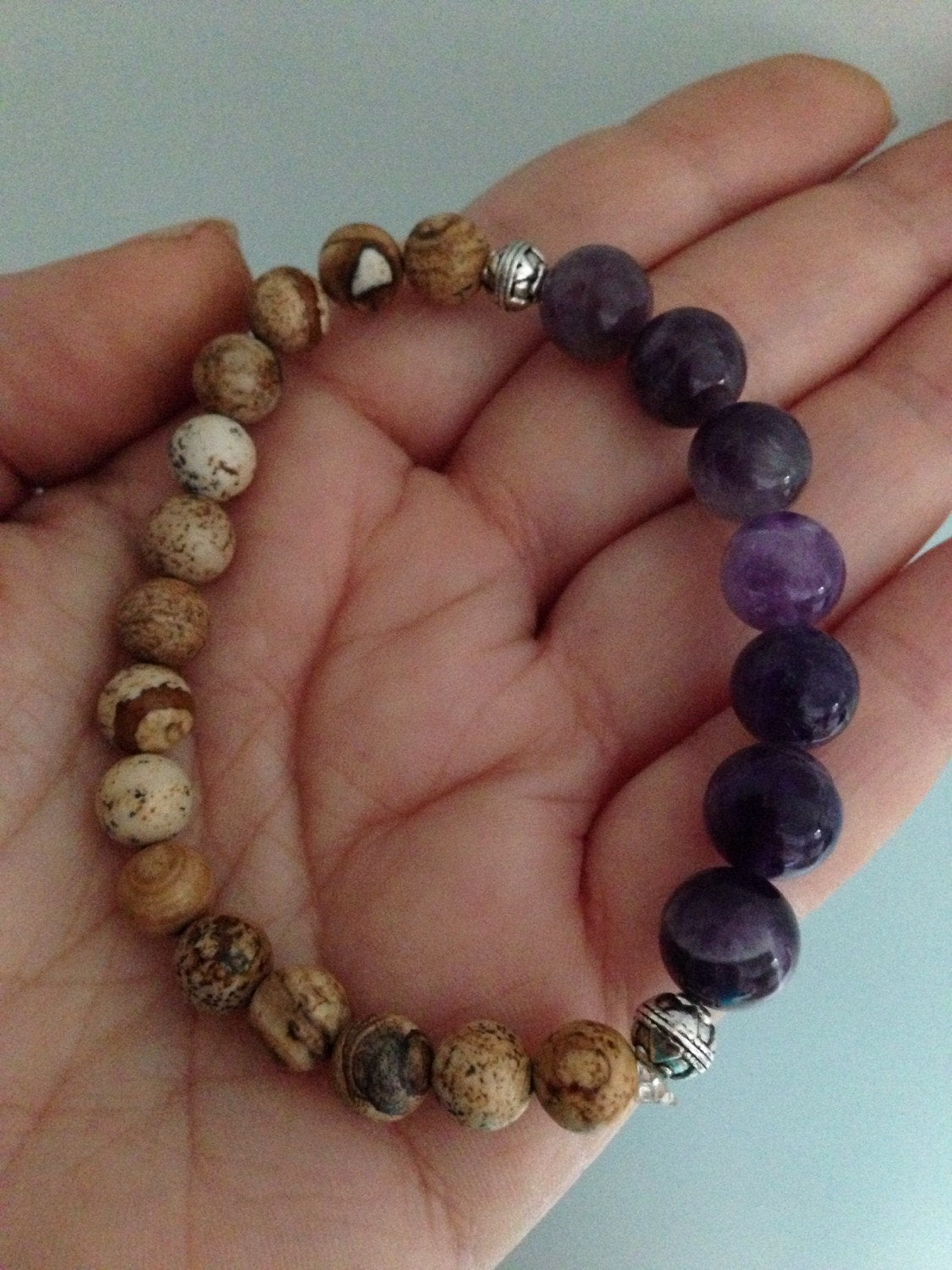 Women's Bracelet in Amethyst and Picture Jasper stone bracelet, February birthstone, stone jewelry