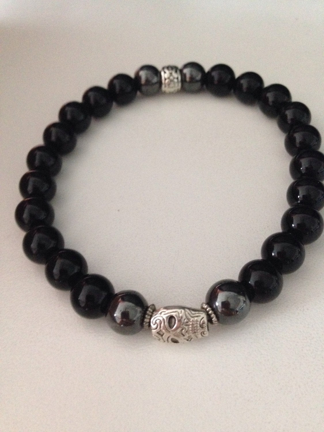 SKULL mens bracelet with hematite and black onyx, Halloween, Day of the Dead