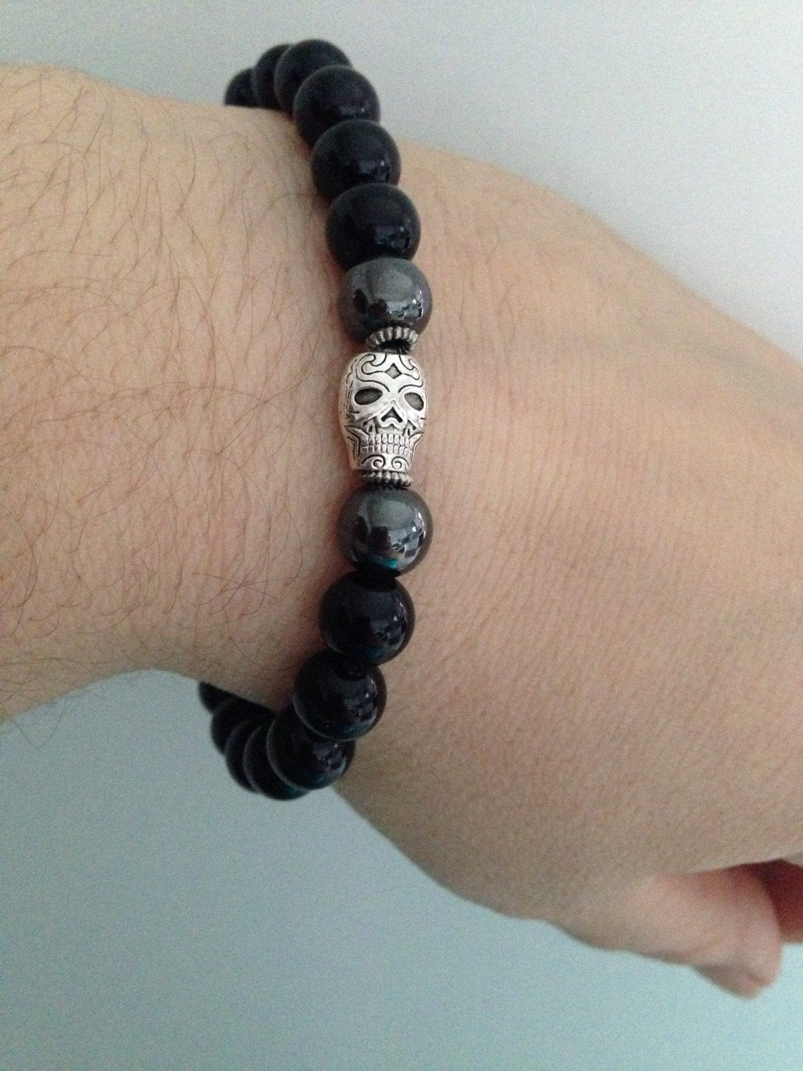 SKULL mens bracelet with hematite and black onyx, Halloween, Day of the Dead