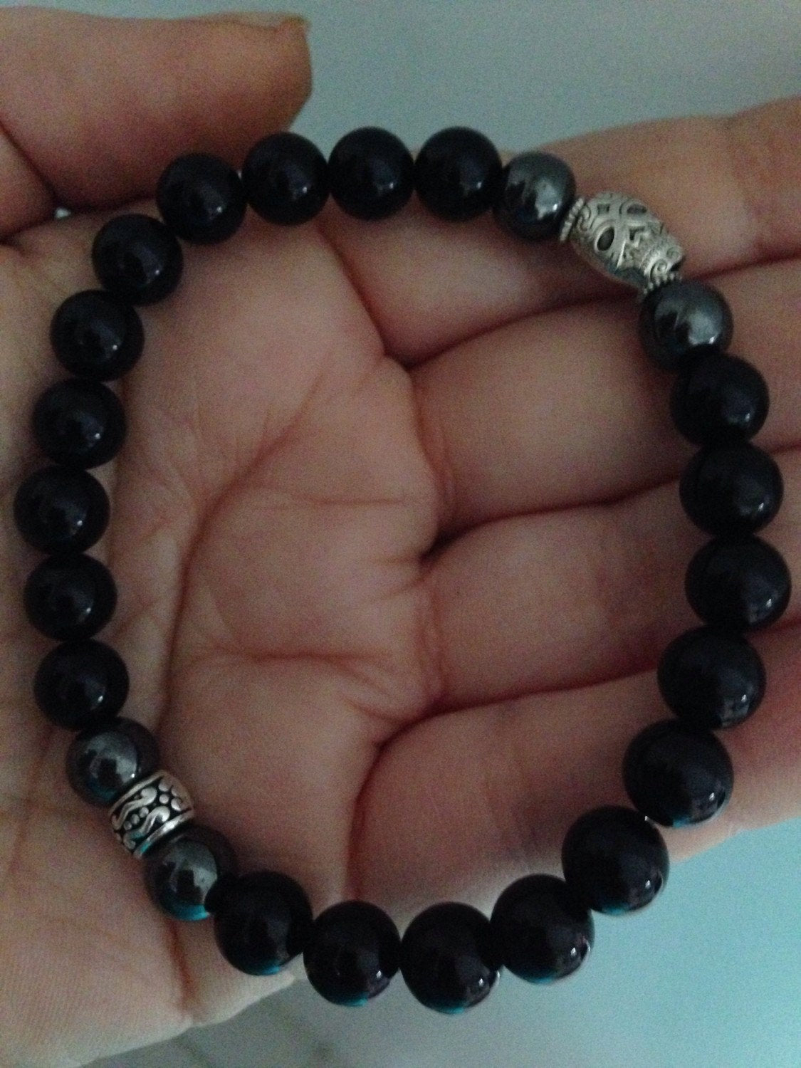 SKULL mens bracelet with hematite and black onyx, Halloween, Day of the Dead