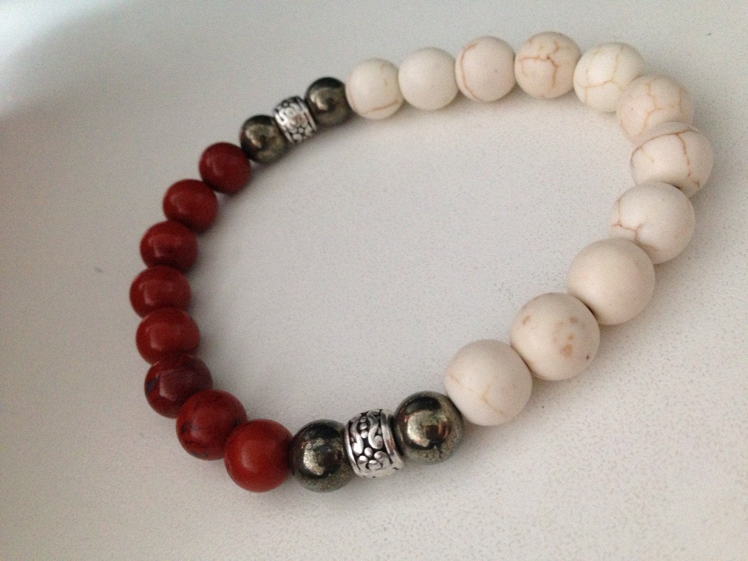 MENS BRACELET in howlite, pyrite and red jasper stone, yin yang balance, gift for him, mens jewelry