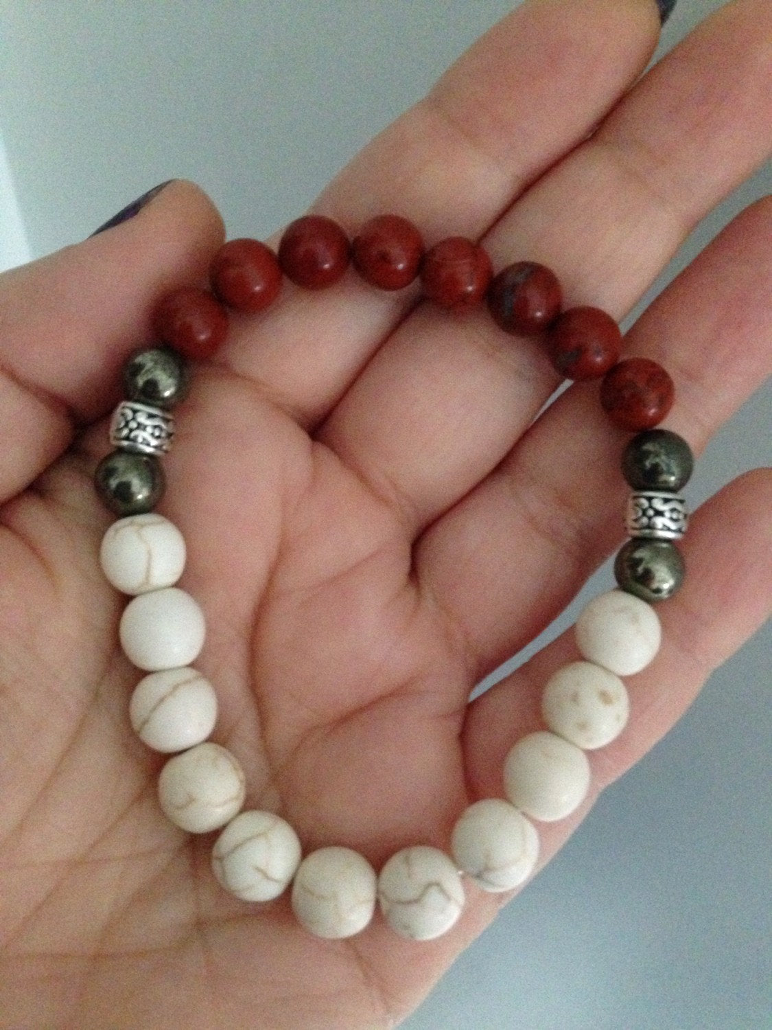 MENS BRACELET in howlite, pyrite and red jasper stone, yin yang balance, gift for him, mens jewelry