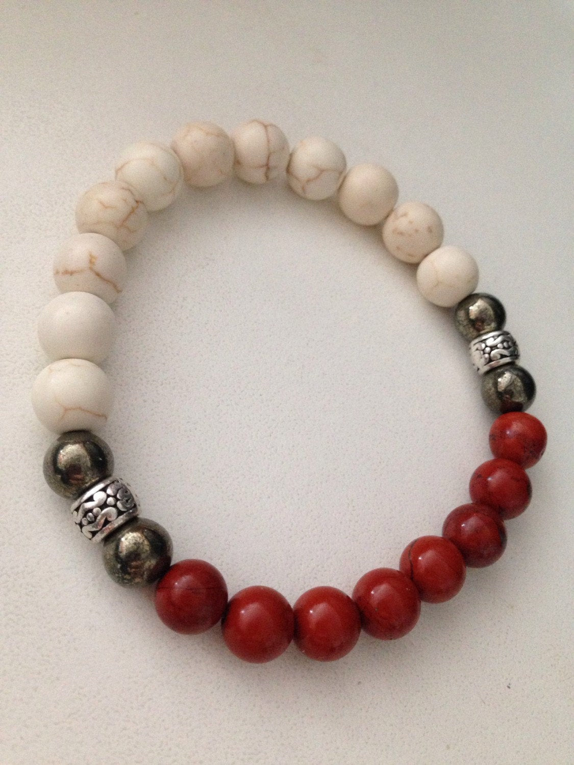 MENS BRACELET in howlite, pyrite and red jasper stone, yin yang balance, gift for him, mens jewelry