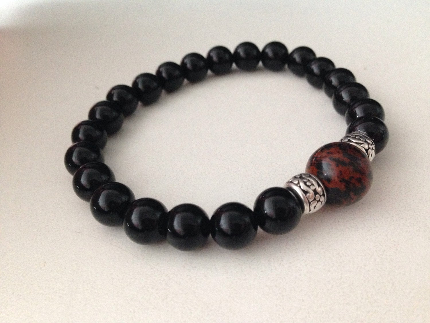 Men's bracelet in Mahogany Obsidian and black onyx, protection bracelet, prosperity amulet, stone bracelet, black onyx bracelet