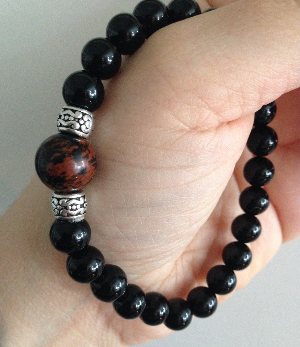 Men's bracelet in Mahogany Obsidian and black onyx, protection bracelet, prosperity amulet, stone bracelet, black onyx bracelet